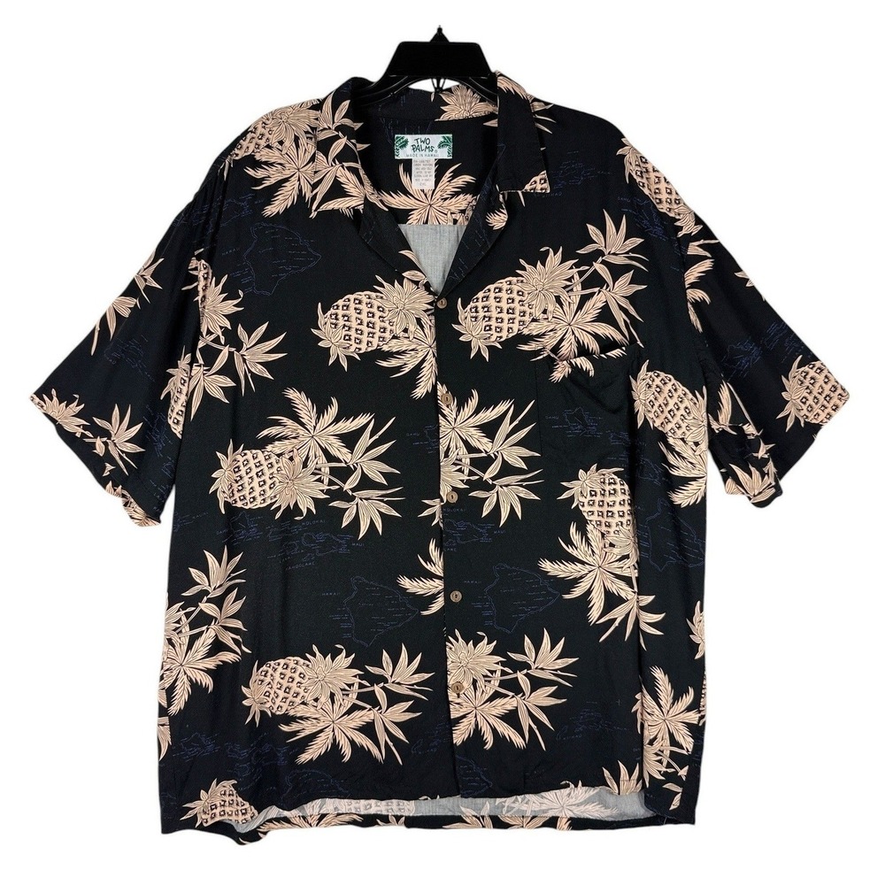 Two Palms Hawaiian Shirt Mens 2XL Black Pineapple Island Map Rayon Aloha‎
